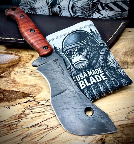 T.M. Hunt M14 #101 Brown Curly Maple Handles with Forced Patina O1 Tool Steel and Leather Sheath - USA MB