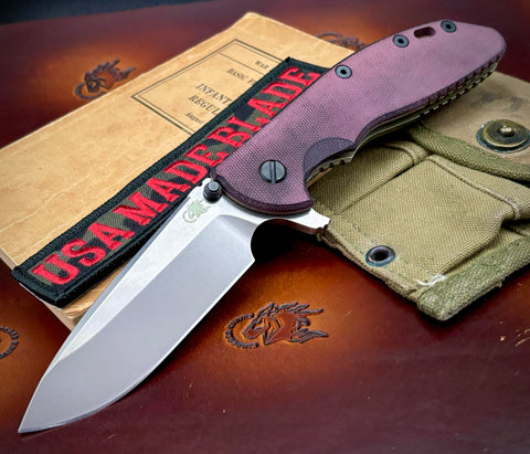 Specialty Hinderer XM-24 Spearpoint Battle Bronze Ti Smooth Burgundy Micarta with S45VN SW Blade Black HW Solid Clip - USA MB