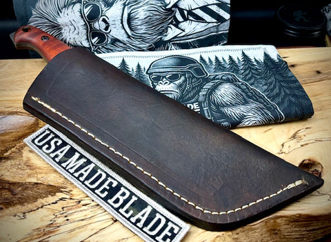 T.M. Hunt M14 #101 Brown Curly Maple Handles with Forced Patina O1 Tool Steel and Leather Sheath - USA MB