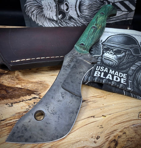 T.M. Hunt M14 #105 Maple Ambrosia Green Handles with Forced Patina O1 Tool Steel and Leather Sheath - USA MB