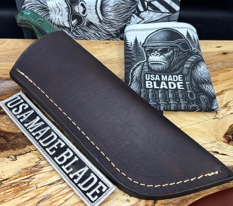 T.M. Hunt M14 #105 Maple Ambrosia Green Handles with Forced Patina O1 Tool Steel and Leather Sheath - USA MB