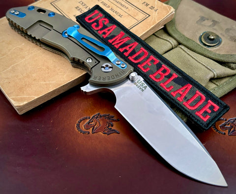 Specialty Hinderer XM-24 Spearpoint Battle Bronze Ti Textured Natural Micarta with S45VN SW Blade Blue Ti HW - USA MB