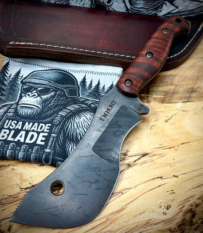 T.M. Hunt M14 #107 Brown Curly Maple Handles with Forced Patina O1 Tool Steel and Leather Sheath - USA MB