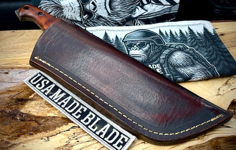 T.M. Hunt M14 #107 Brown Curly Maple Handles with Forced Patina O1 Tool Steel and Leather Sheath - USA MB