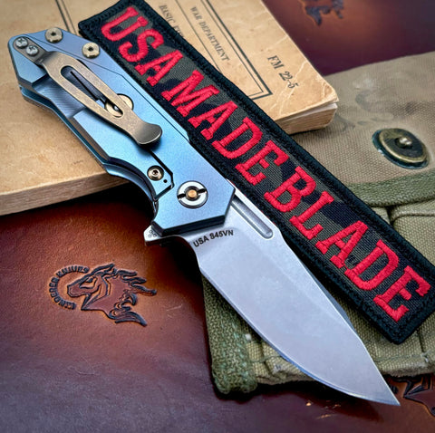 Specialty Hinderer Half Track Bowie Bead Blasted Blue Ti   Stonewashed S45VN Blade Smooth Natural Micarta Scale Bronze Ti HW