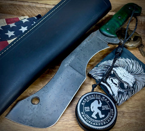 T.M. Hunt Full Custom M18 #688 with Green Curly Maple Handle with Black Custom Leather Sheath and Forced Patina O1