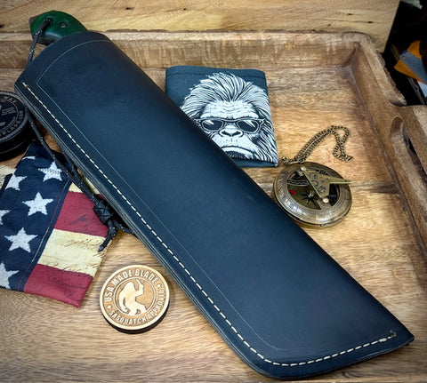 T.M. Hunt Full Custom M18 #688 with Green Curly Maple Handle with Black Custom Leather Sheath and Forced Patina O1