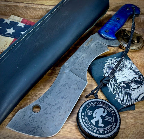 T.M. Hunt Full Custom M18 #690 with Blue Curly Maple Handle with Black Custom Leather Sheath and Forced Patina O1