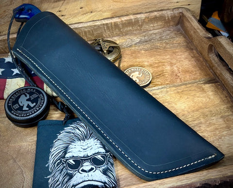 T.M. Hunt Full Custom M18 #690 with Blue Curly Maple Handle with Black Custom Leather Sheath and Forced Patina O1