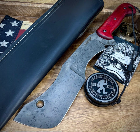 T.M. Hunt Full Custom M18 #692 with Red Curly Maple Handle with Black Custom Leather Sheath and Forced Patina O1