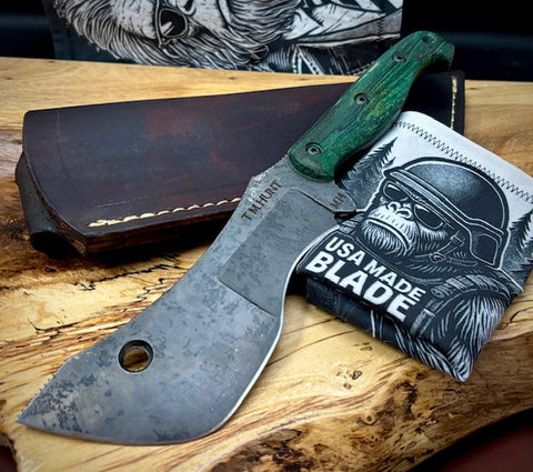 T.M. Hunt M14 #86  Maple Ambrosia Green Handles with Forced Patina O1 Tool Steel and Leather Sheath - USA MB