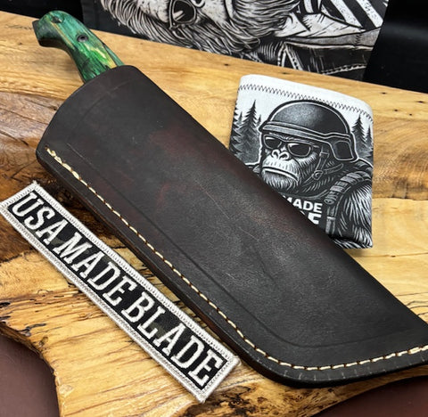 T.M. Hunt M14 #86  Maple Ambrosia Green Handles with Forced Patina O1 Tool Steel and Leather Sheath - USA MB