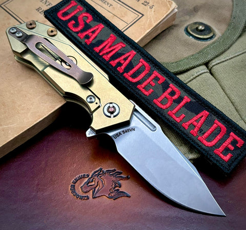 Specialty Hinderer Half Track Bowie Gold Anodized Ti   Stonewashed S45VN Blade FDE G10 Scale Bronze Ti HW