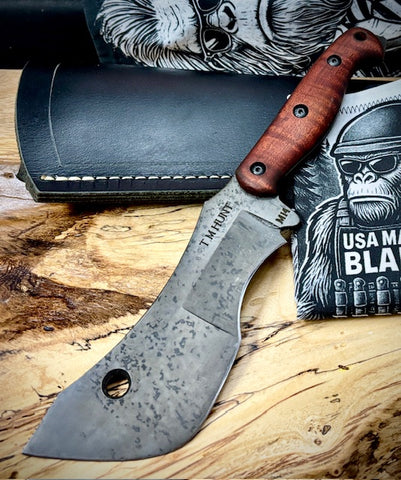 T.M. Hunt M14 #94 Brown Curly Maple Handles with Forced Patina O1 Tool Steel and Leather Sheath - USA MB