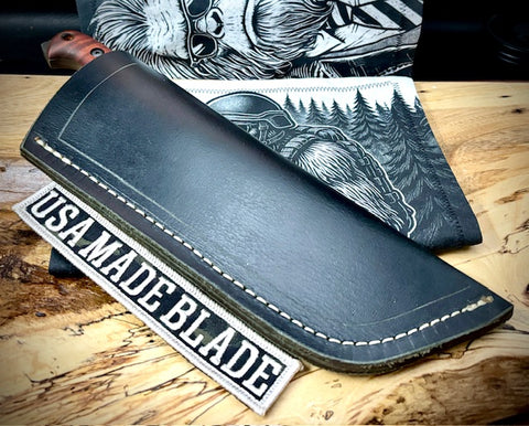 T.M. Hunt M14 #94 Brown Curly Maple Handles with Forced Patina O1 Tool Steel and Leather Sheath - USA MB