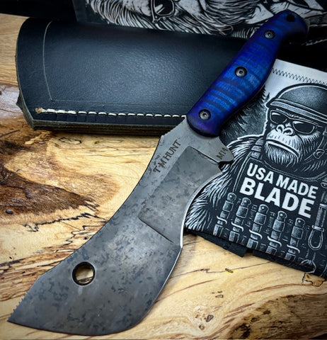 T.M. Hunt M14 #95 Puprle/Blue Curly Maple Handles with Forced Patina O1 Tool Steel and Leather Sheath - USA MB
