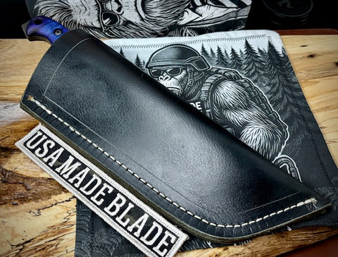 T.M. Hunt M14 #95 Puprle/Blue Curly Maple Handles with Forced Patina O1 Tool Steel and Leather Sheath - USA MB