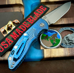 Hinderer XM-18 3.5" Auto Spearpoint Blue Anodized Ti  Stonewashed 20CV Blade - USA MB