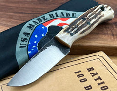 W.A. Surls Knives Balus Sambar Stag Bone Handle, Black Liners, Tapered Tang and 1/8 A2 Flat Ground Blade - USA MB