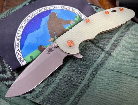 Hinderer XM-18 3.5 Slicer Battle Bronze Ti and Copper with Sasquatch Tab SW S45 Tanslucent Green G10