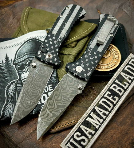 Battle Stars & Stripes Defiant-7 Talos Button Lock with Black Boomerang Stainless Chad Nichols Damascus Blade and Black Hardcoat Anodized Aluminum Handles - USA MB