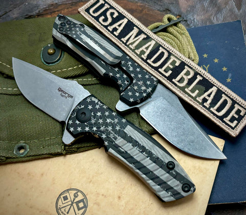 Full Battled Stars & Stripes Les George ESV Flipper Black DLC Morph Ti & S45VN Blade EXCLUSIVE - USA MB