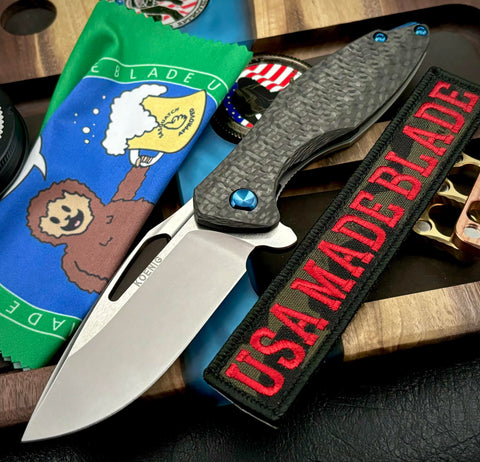 Koenig Arius Carbon Fiber with Brightwash M390 Blade with Polished Flats and Blue Hardware - USA MB