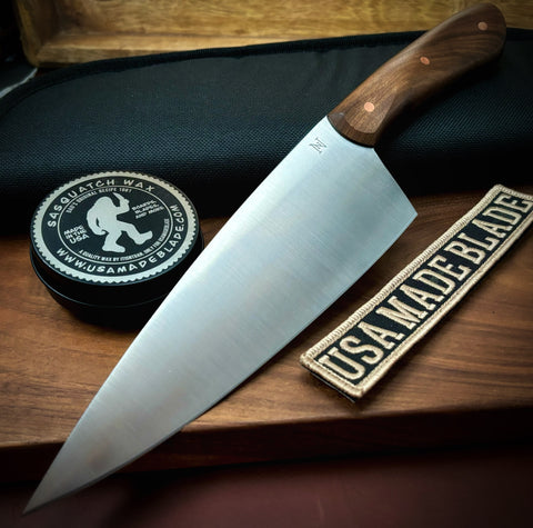 Nicholas Nichols Full Size Chef Knife with Walnut Handles, Copper Pins, and Nitro-V Steel - USA MB