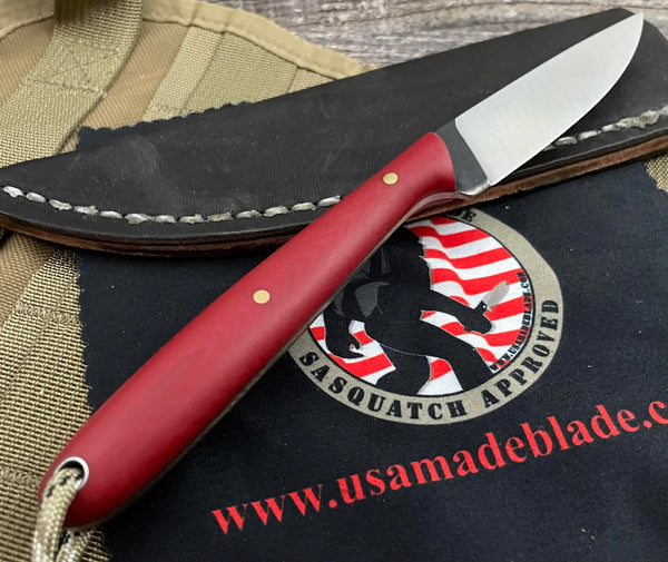 T.M. Custom Knives Bird and Trout Knife Red Micarta and O1