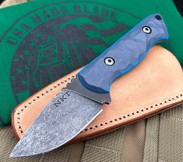 Neely Knife & Tool Bantam with textured Double Blue G10, Jou Fuu Leather Sheath, and 1095 Steel