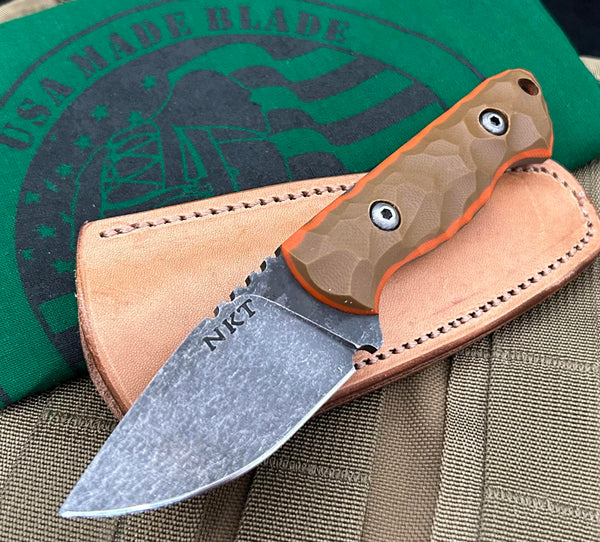 Neely Knife & Tool Bantam with textured Brown/Orange G10, Jou Fuu Leather Sheath, and 1095 Steel
