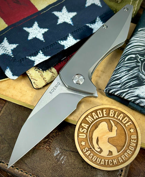 Koenig Mini Goblin Burnisheed M390 Blade with Polished Flats with Smooth Full Ti Handles, Silver Ti Back Spacer, Silver Ti HW and Blasted Clip