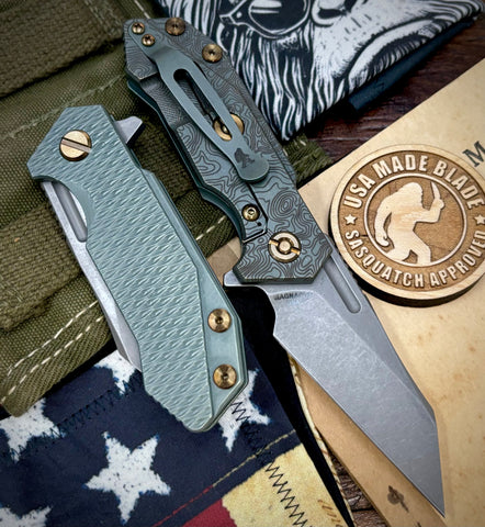 Topo Ammo Can Green Wharnie Full Ti Hinderer Half Track Gen 2 Textured Ti Magnacut Working Finish Blade and Sasquatched Clip
