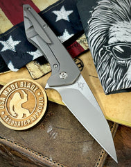 Koenig Mini Goblin Burnisheed M390 Blade with Polished Flats with Smooth Full Ti Handles, Silver Ti Back Spacer, Silver Ti HW and Blasted Clip