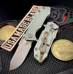 Ammo Can Green Hinderer Half Track Slicer Gen 2  Working Finish Textured Ti Presentation Side, Smooth Lock Side, and Working Finish Magnacut Blade with Bronzed Out Working Finish Hardware - USA MB