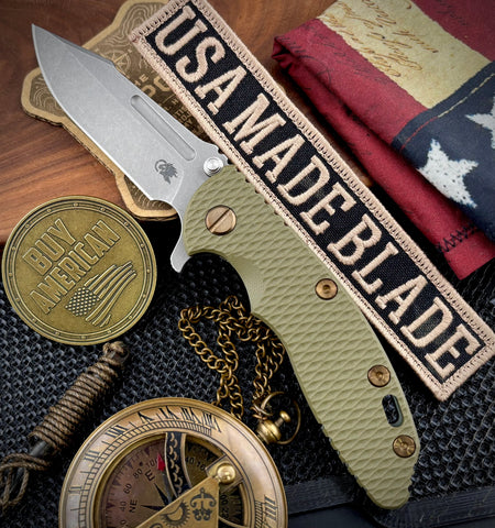 Ammo Can Green Hinderer XM-18 3.25 Fullered Harpoon Spanto OD Green G10 Customized Ti and Working Finish Magnacut Blade with Bronzed Out HW