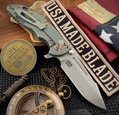 Ammo Can Green Hinderer XM-18 3.25 Fullered Harpoon Spanto OD Green G10 Customized Ti and Working Finish Magnacut Blade with Bronzed Out HW - USA MB