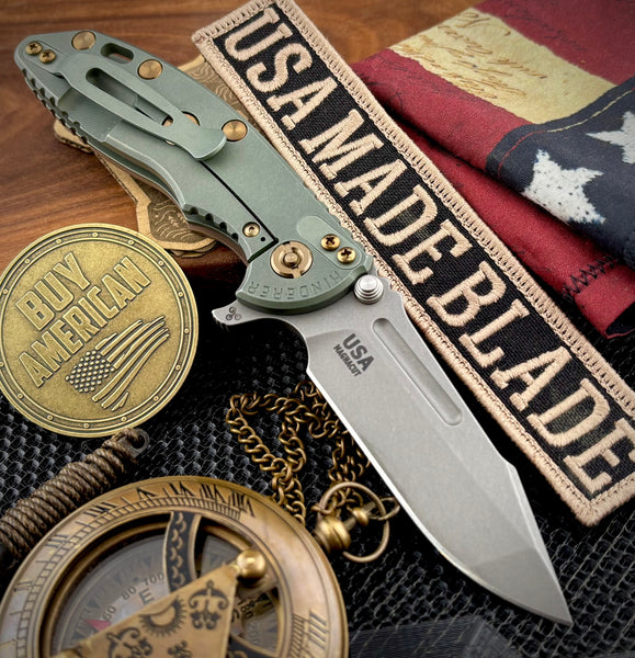 Ammo Can Green Hinderer XM-18 3.25 Fullered Harpoon Spanto FDE G10 Customized Ti and Working Finish Magnacut Blade with Bronzed Out HW