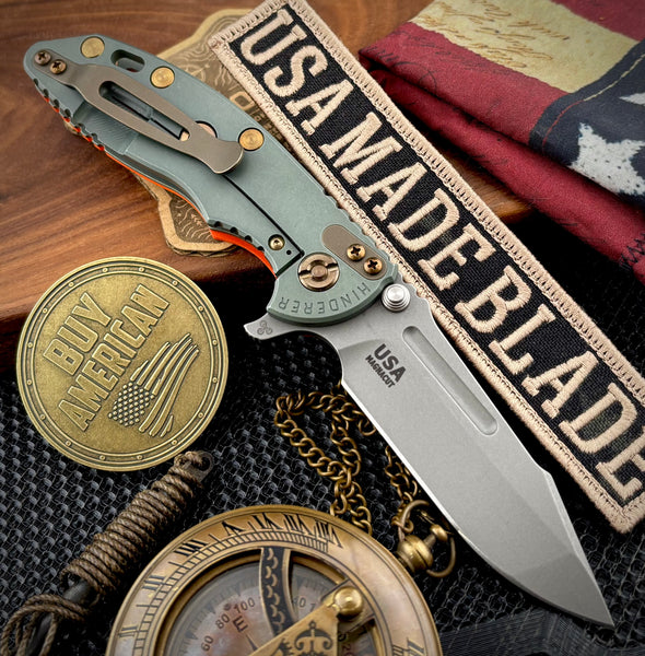 Ammo Can Green Hinderer XM-18 3.25 Fullered Harpoon Spanto Orange G10 Customized Ti and Working Finish Magnacut Blade with Bronzed Out HW