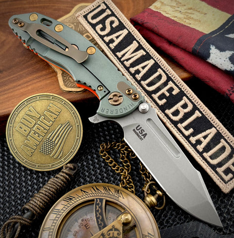 Ammo Can Green Hinderer XM-18 3.25 Fullered Harpoon Spanto Orange G10 Customized Ti and Working Finish Magnacut Blade with Bronzed Out HW