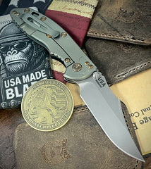 Hinderer XM-18 3.5 Non Flipper Bowie Bead Blast Green Ti Black G10 Stonewashed Magnacut Blade with Bronzed Out HW
