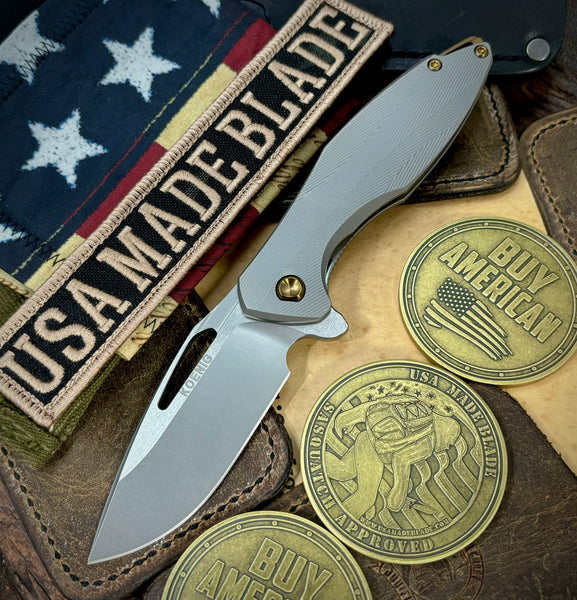 Koenig Mini Arius with M390 Burnished Blade with Polished Flats Patterned Ti and Bronze Ti Hardware  MA11211331