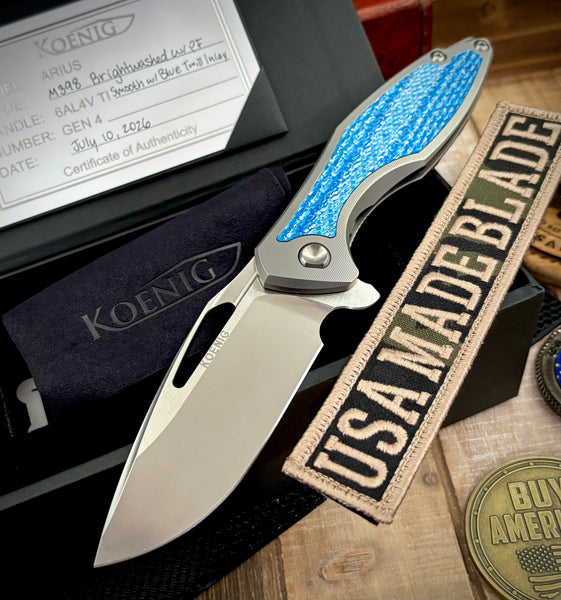 Koenig Arius M398 Flipper Blue Twill Inlay Brightwashed Blade with Polished Flats Silver Ti Hardware