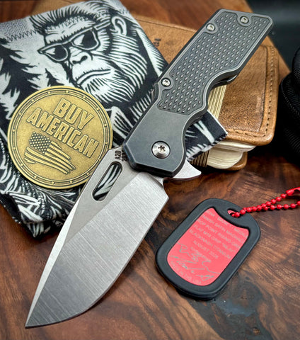 A2D Mark 1 Flipper Medium Stonewashed Drop Point Rising Grind Magnacut Blade Flat M16 Grip Blackwash Ti on Bearing