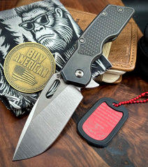 A2D Mark 1 Flipper Medium Stonewashed Drop Point Rising Grind Magnacut Blade Flat M16 Grip Blackwash Ti on Bearing