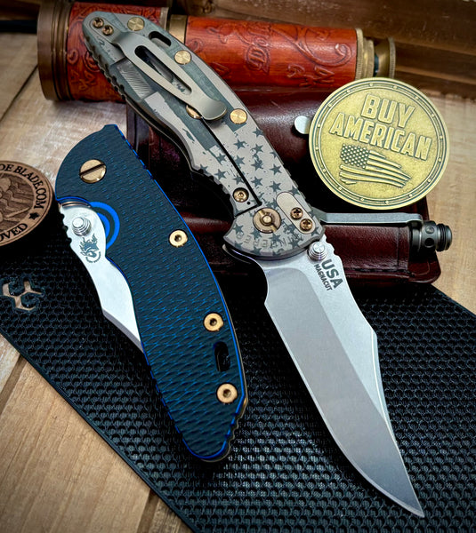 Battled Stars & Stripes Hinderer XM-18 3.5 Non-Flipper Bowie Bead Blast Bronze Ti Blue/Black G10 Stonewashed Magnacut Blade with Bronzed Out HW