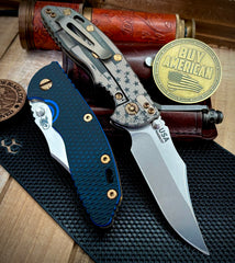 Battled Stars & Stripes Hinderer XM-18 3.5 Non-Flipper Bowie Bead Blast Bronze Ti Blue/Black G10 Stonewashed Magnacut Blade with Bronzed Out HW