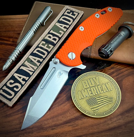 Hinderer XM-18 3.25 Fullered Harpoon Spanto Orange G10 Stonewashed Ti and Stonewashed Magnacut Blade