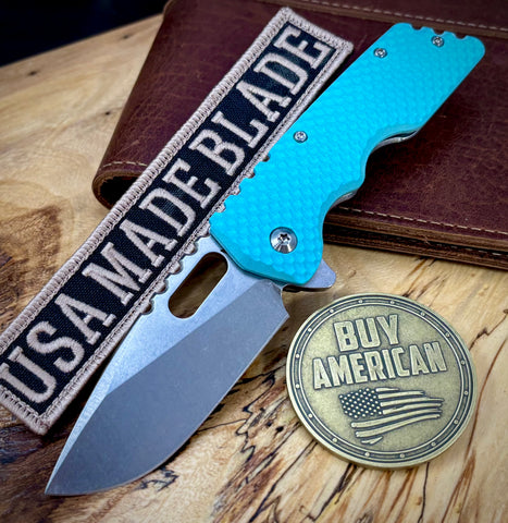 A2D Mark 2 Medium Satin Drop Point Rising Grind Magnacut Blade Britanny Blue G10 on Washers