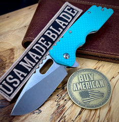 A2D Mark 2 Medium Satin Drop Point Rising Grind Magnacut Blade Britanny Blue G10 on Washers